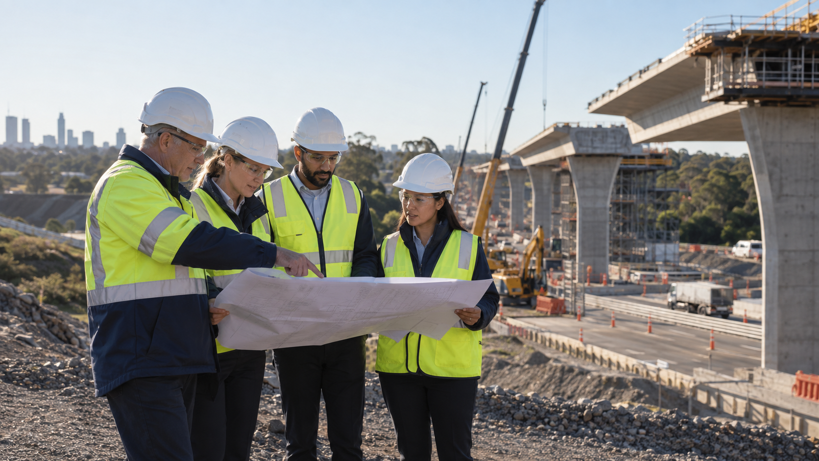 Engineering management team reviewing infrastructure plans