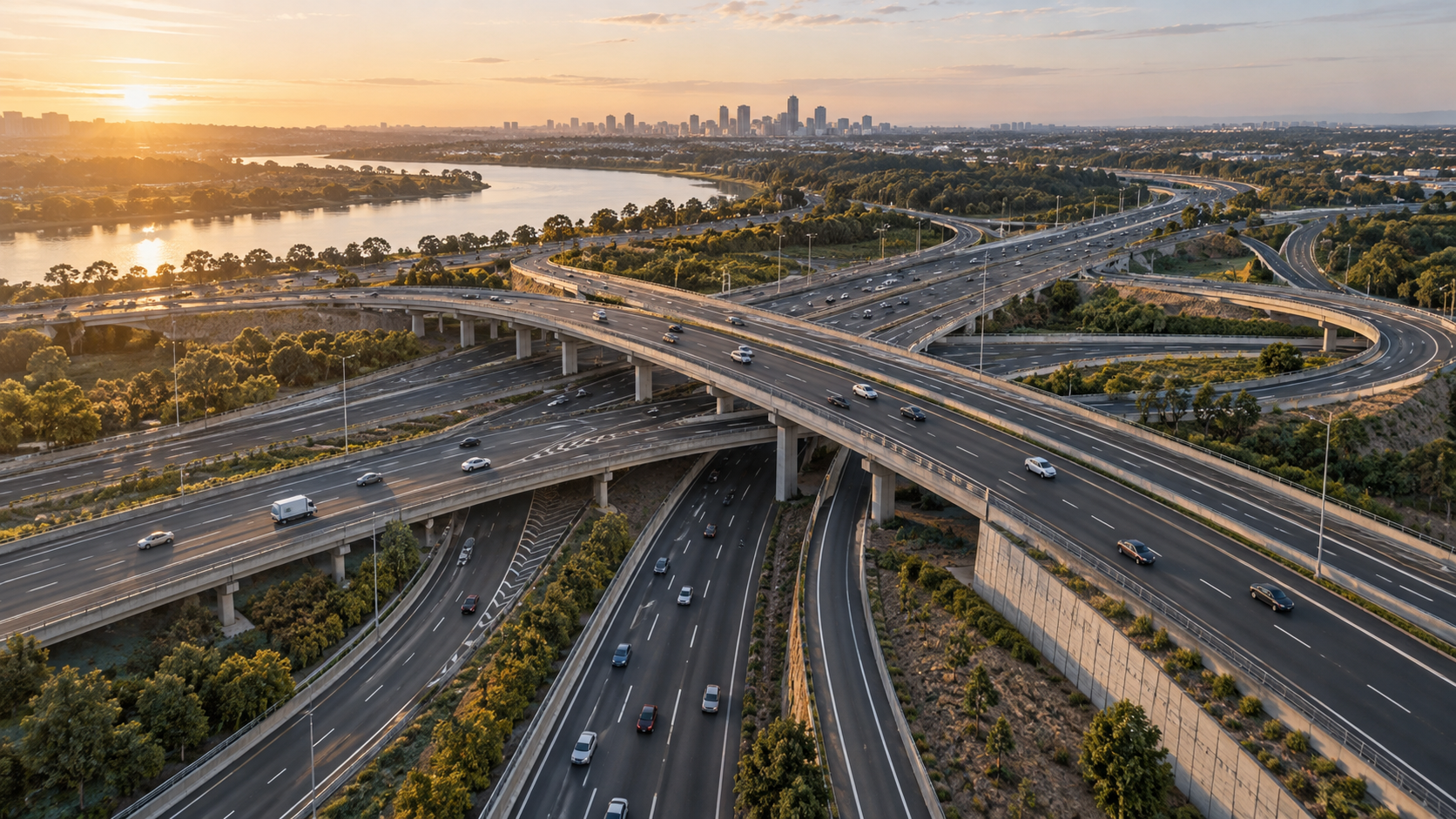 Aerial motorway interchange representing traffic engineering